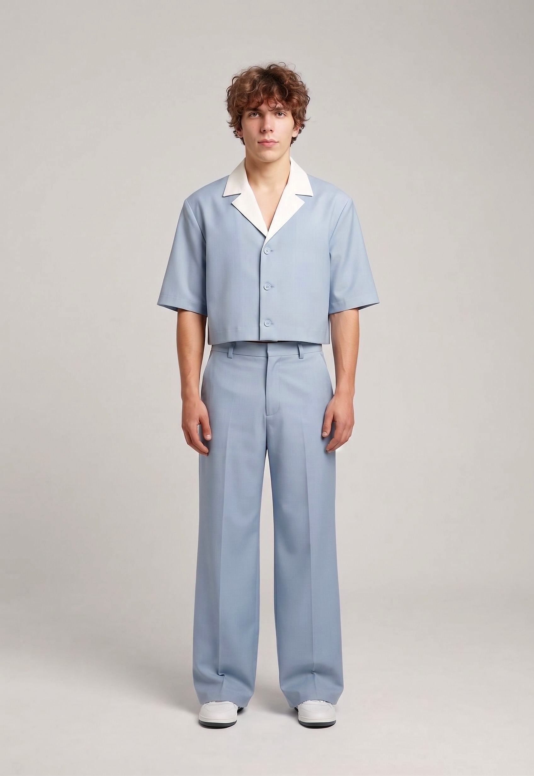 Kontrast Yaka Ceket, Gök Mavisi / Ekru — YEG Textile