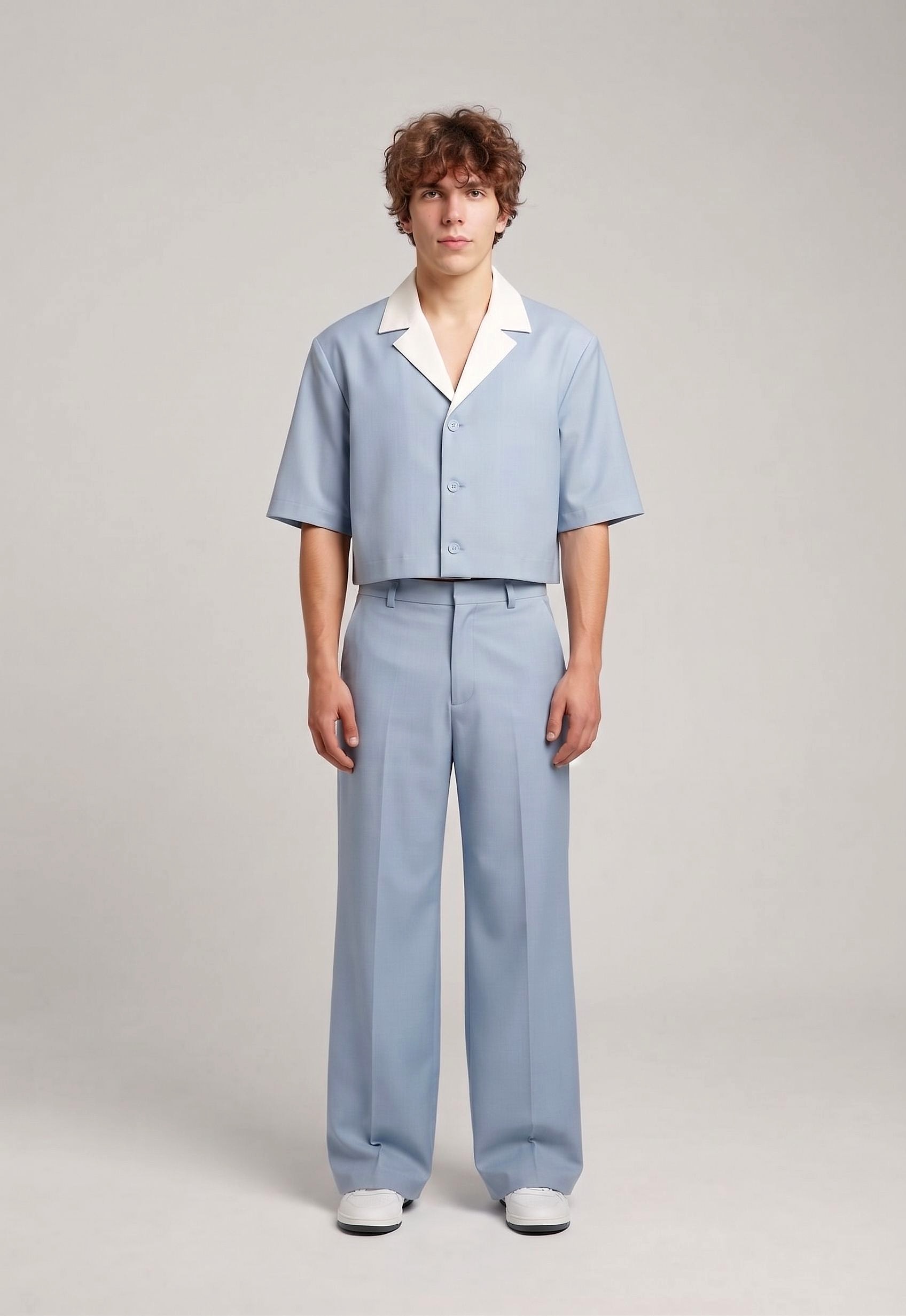 Kontrast Yaka Ceket, Gök Mavisi / Ekru — YEG Textile