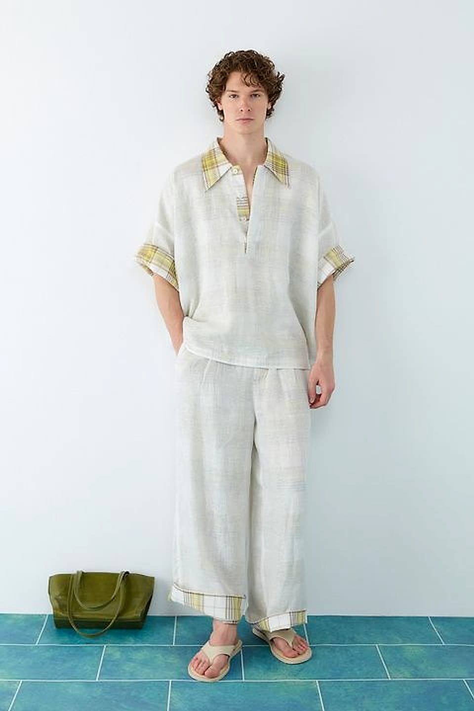 Chemise en lin à carreaux fenêtre — Carreaux écru — YEG Textile